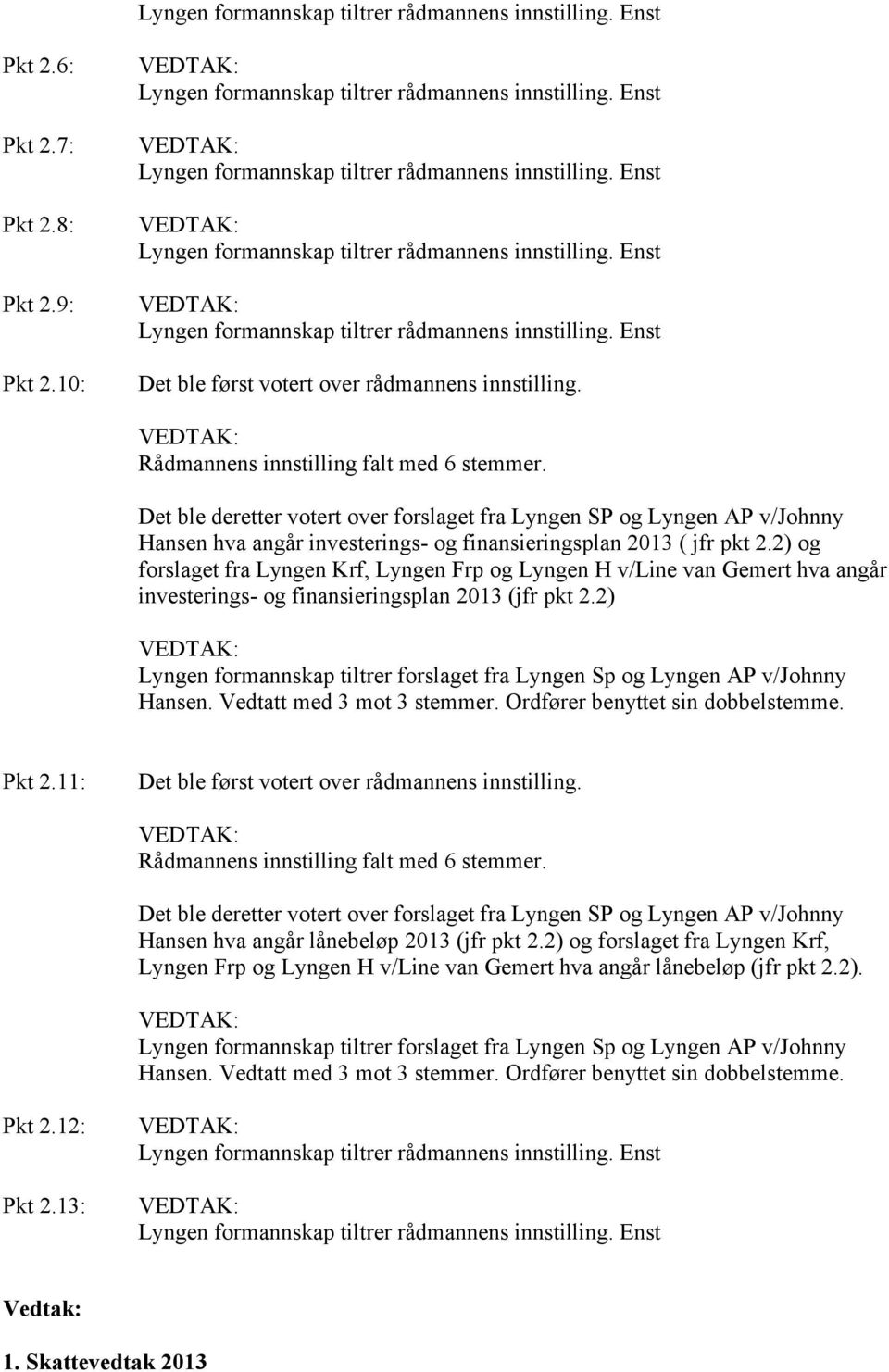 VEDTAK: Rådmannens innstilling falt med 6 stemmer. Det ble deretter votert over forslaget fra Lyngen SP og Lyngen AP v/johnny Hansen hva angår investerings- og finansieringsplan 2013 ( jfr pkt 2.