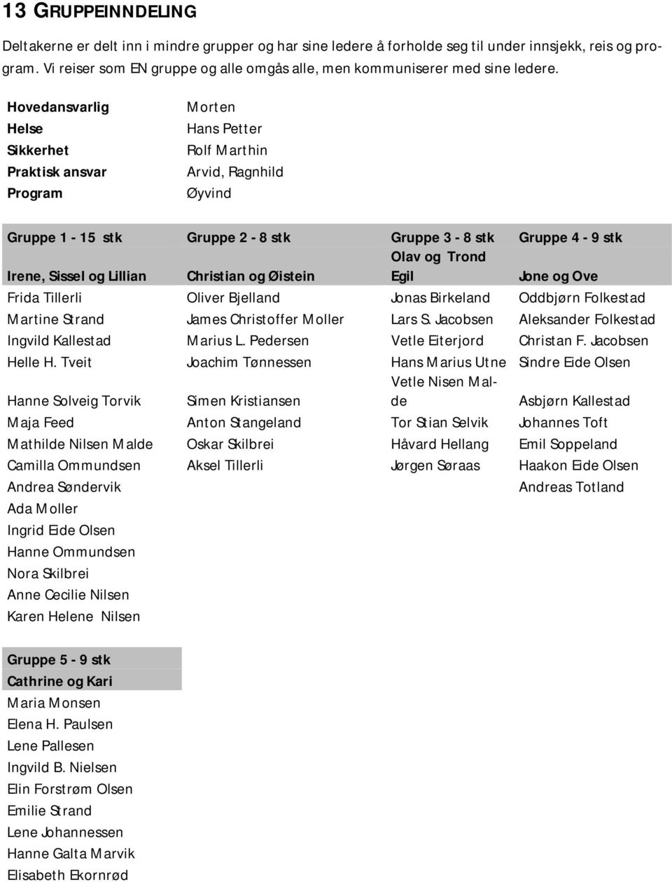 Hovedansvarlig Helse Sikkerhet Praktisk ansvar Program Morten Hans Petter Rolf Marthin Arvid, Ragnhild Øyvind Gruppe 1-15 stk Gruppe 2-8 stk Gruppe 3-8 stk Gruppe 4-9 stk Irene, Sissel og Lillian