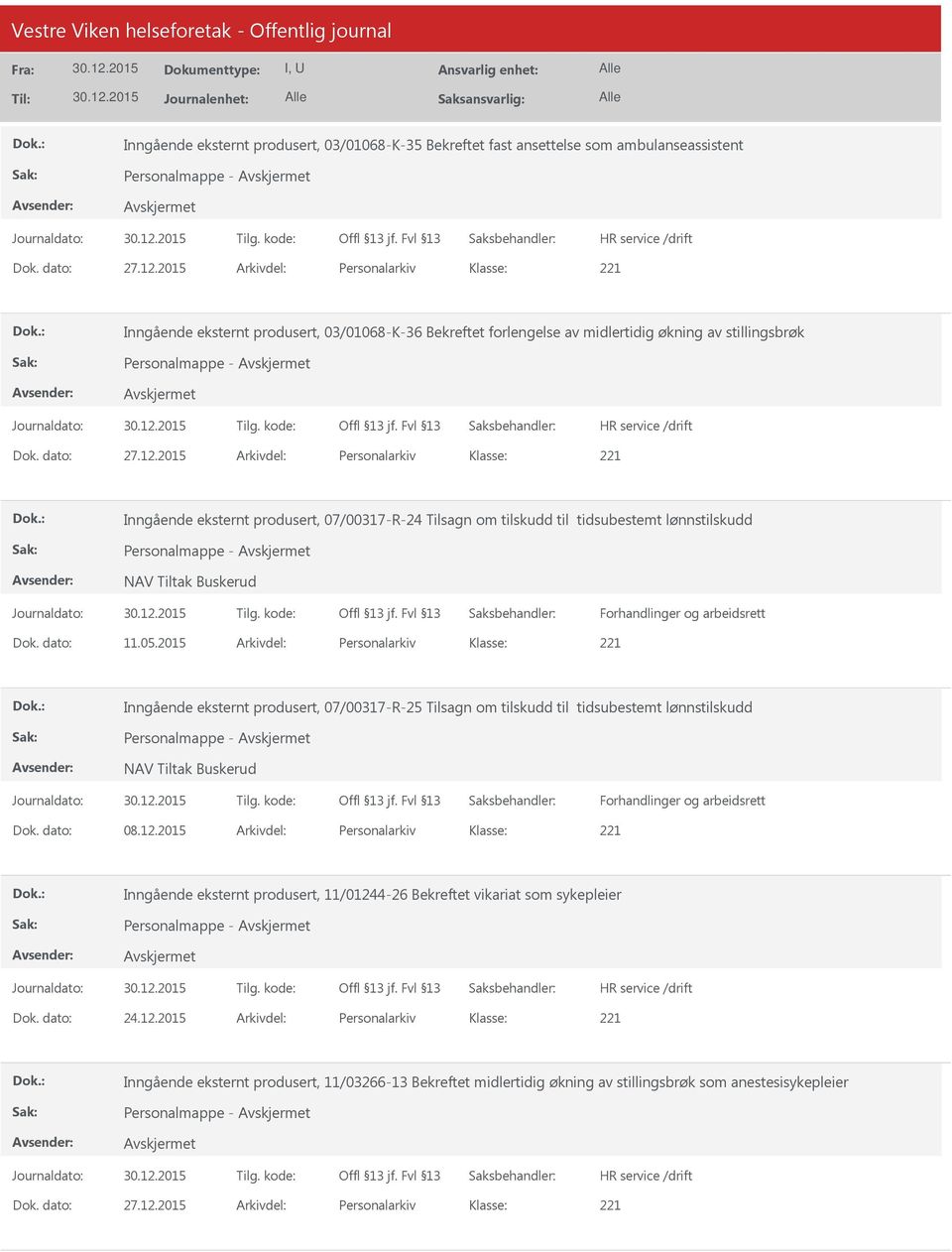 2015 Arkivdel: Personalarkiv Inngående eksternt produsert, 07/00317-R-24 Tilsagn om tilskudd til tidsubestemt lønnstilskudd Personalmappe - NAV Tiltak Buskerud Forhandlinger og arbeidsrett Dok.