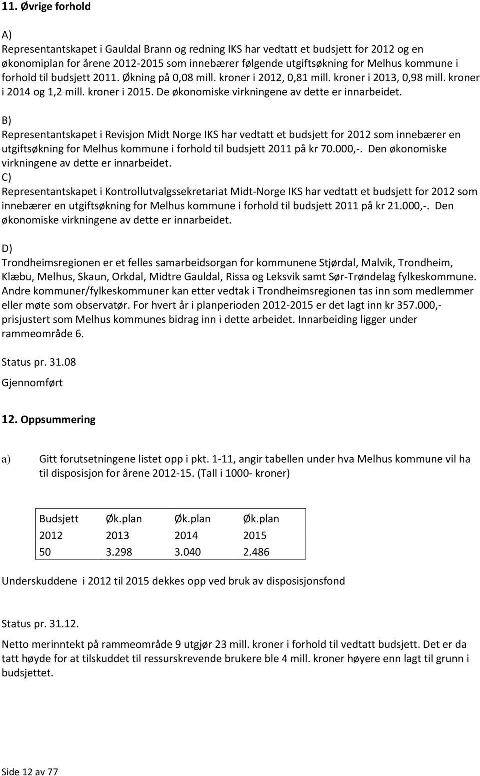 B) Representantskapet i Revisjon Midt Norge IKS har vedtatt et budsjett for 2012 som innebærer en utgiftsøkning for Melhus kommune i forhold til budsjett 2011 på kr 70.000,-.