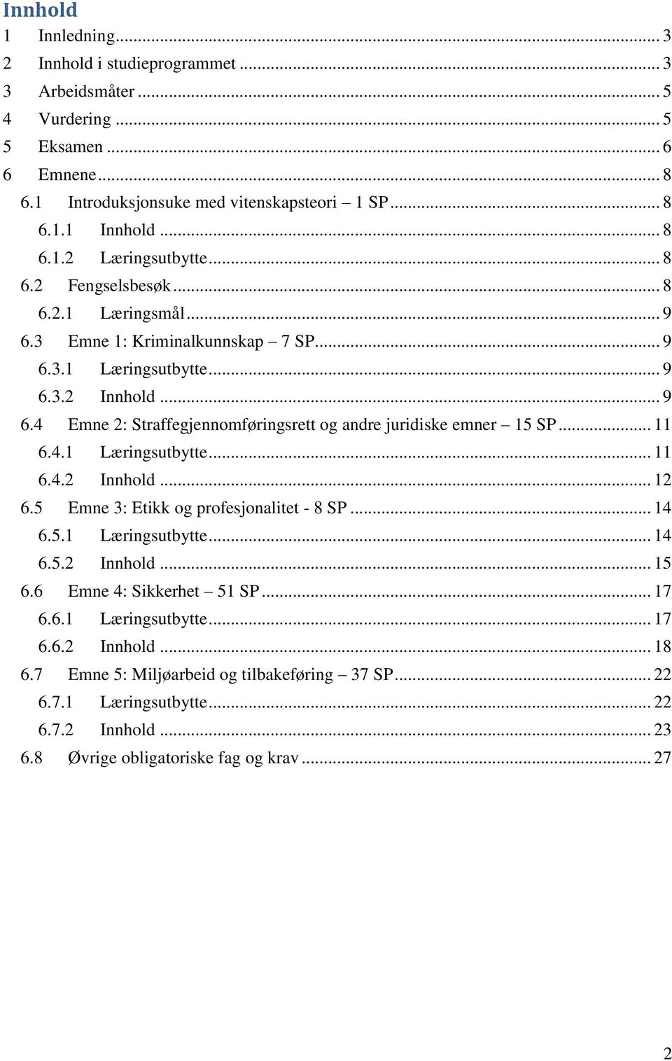 .. 11 6.4.1 Læringsutbytte... 11 6.4.2 Innhold... 12 6.5 Emne 3: Etikk og profesjonalitet - 8 SP... 14 6.5.1 Læringsutbytte... 14 6.5.2 Innhold... 15 6.6 Emne 4: Sikkerhet 51 SP... 17 6.6.1 Læringsutbytte... 17 6.6.2 Innhold... 18 6.