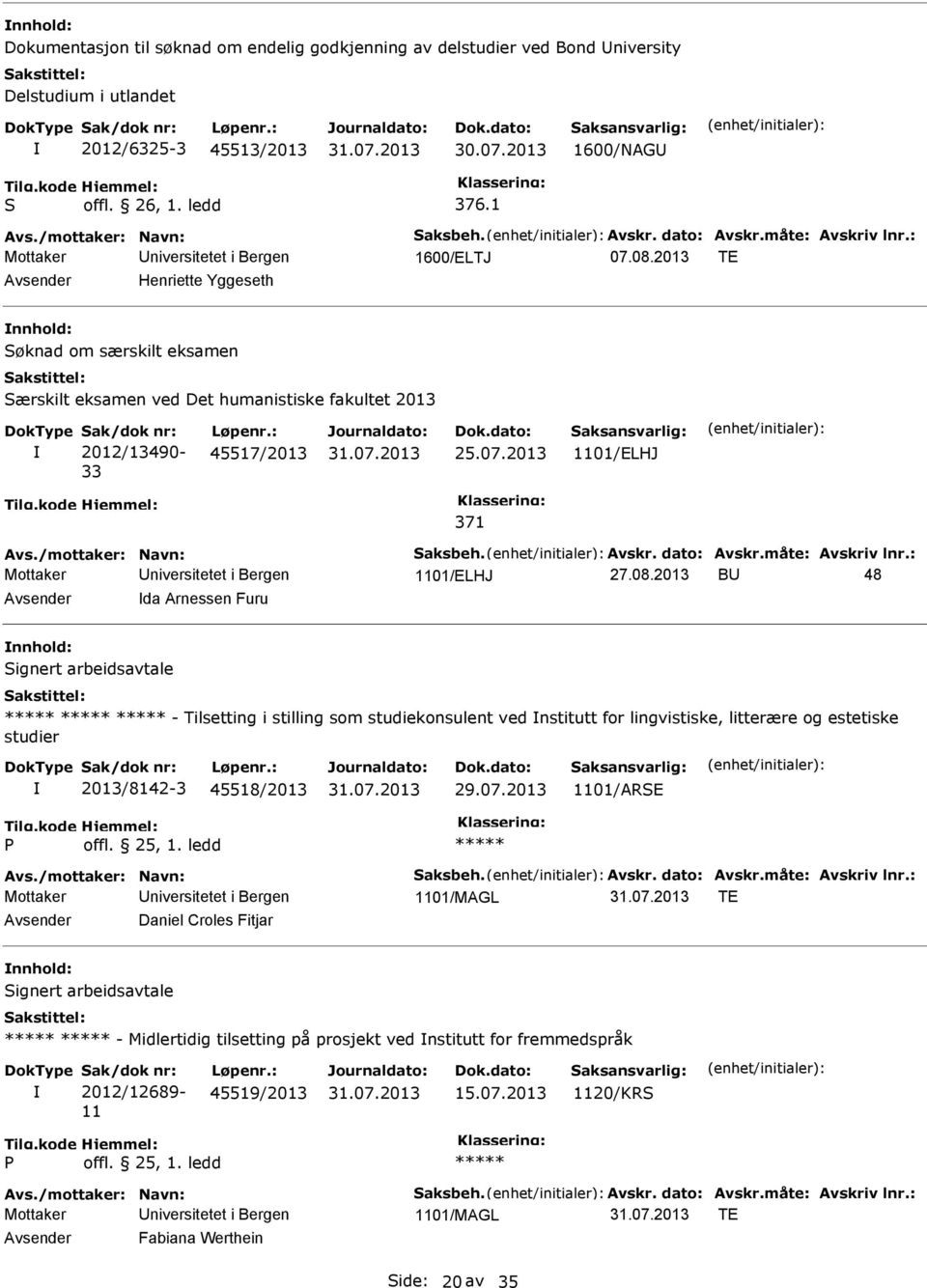 2013 BU 48 da Arnessen Furu ignert arbeidsavtale ***** ***** ***** - Tilsetting i stilling som studiekonsulent ved nstitutt for lingvistiske, litterære og estetiske studier 2013/8142-3 45518/2013 29.