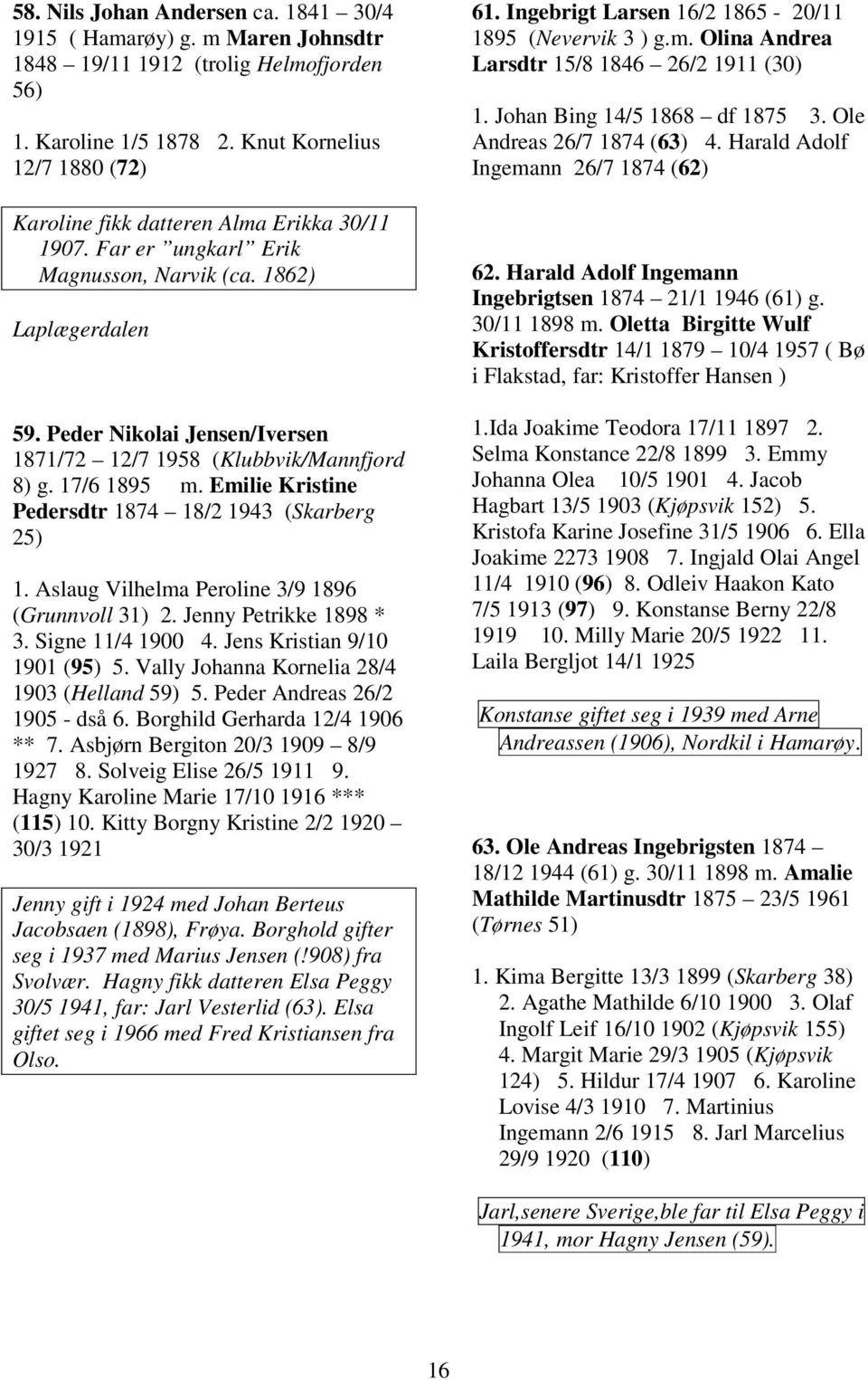 Peder Nikolai Jensen/Iversen 1871/72 12/7 1958 (Klubbvik/Mannfjord 8) g. 17/6 1895 m. Emilie Kristine Pedersdtr 1874 18/2 1943 (Skarberg 25) 1. Aslaug Vilhelma Peroline 3/9 1896 (Grunnvoll 31) 2.