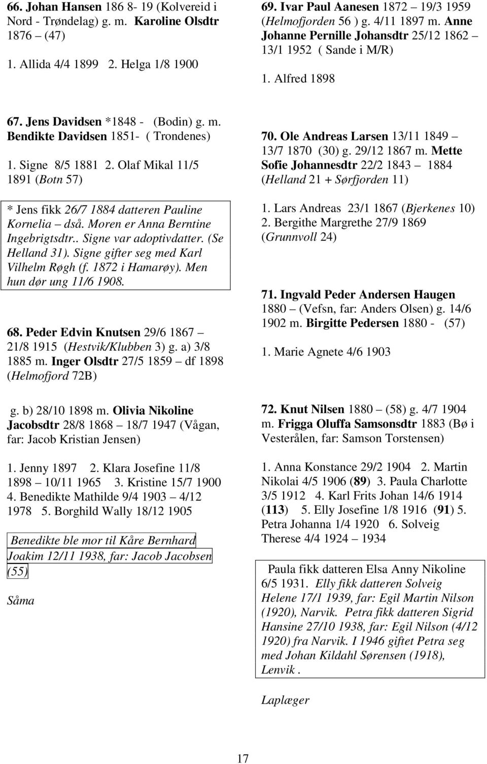 Olaf Mikal 11/5 1891 (Botn 57) * Jens fikk 26/7 1884 datteren Pauline Kornelia dså. Moren er Anna Berntine Ingebrigtsdtr.. Signe var adoptivdatter. (Se Helland 31).