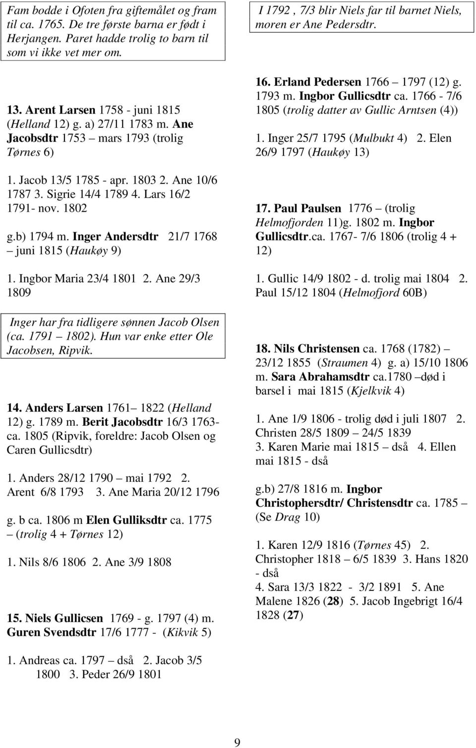 Lars 16/2 1791- nov. 1802 g.b) 1794 m. Inger Andersdtr 21/7 1768 juni 1815 (Haukøy 9) 1. Ingbor Maria 23/4 1801 2. Ane 29/3 1809 Inger har fra tidligere sønnen Jacob Olsen (ca. 1791 1802).