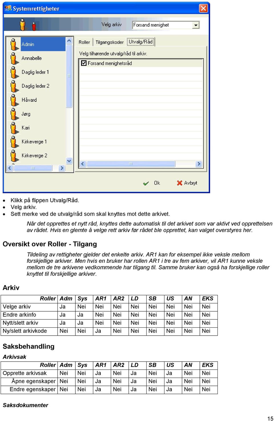 Oversikt over Roller - Tilgang Arkiv Tildeling av rettigheter gjelder det enkelte arkiv. AR1 kan for eksempel ikke veksle mellom forskjellige arkiver.