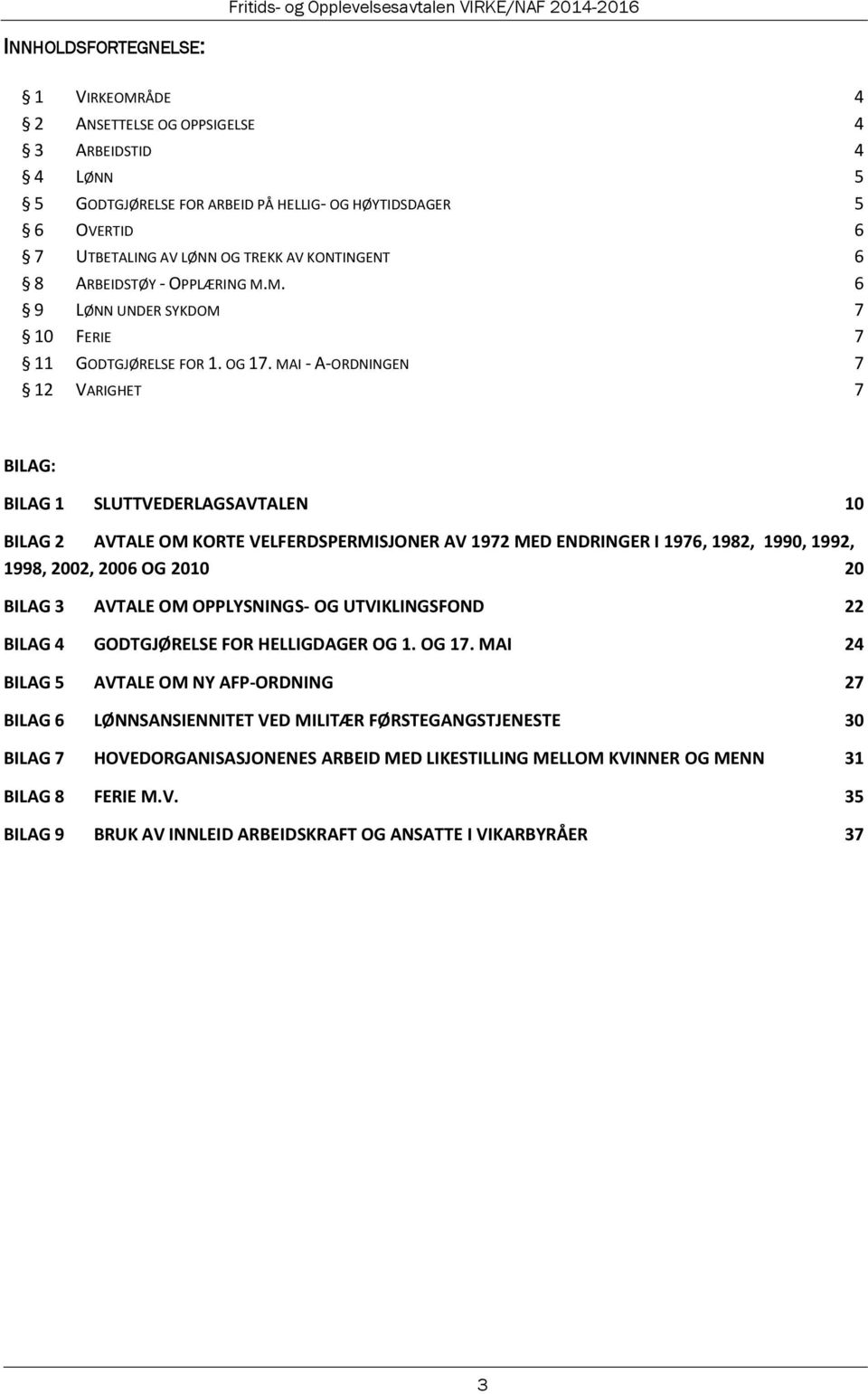 MAI - A-ORDNINGEN 7 12 VARIGHET 7 BILAG: BILAG 1 SLUTTVEDERLAGSAVTALEN 10 BILAG 2 AVTALE OM KORTE VELFERDSPERMISJONER AV 1972 MED ENDRINGER I 1976, 1982, 1990, 1992, 1998, 2002, 2006 OG 2010 20 BILAG