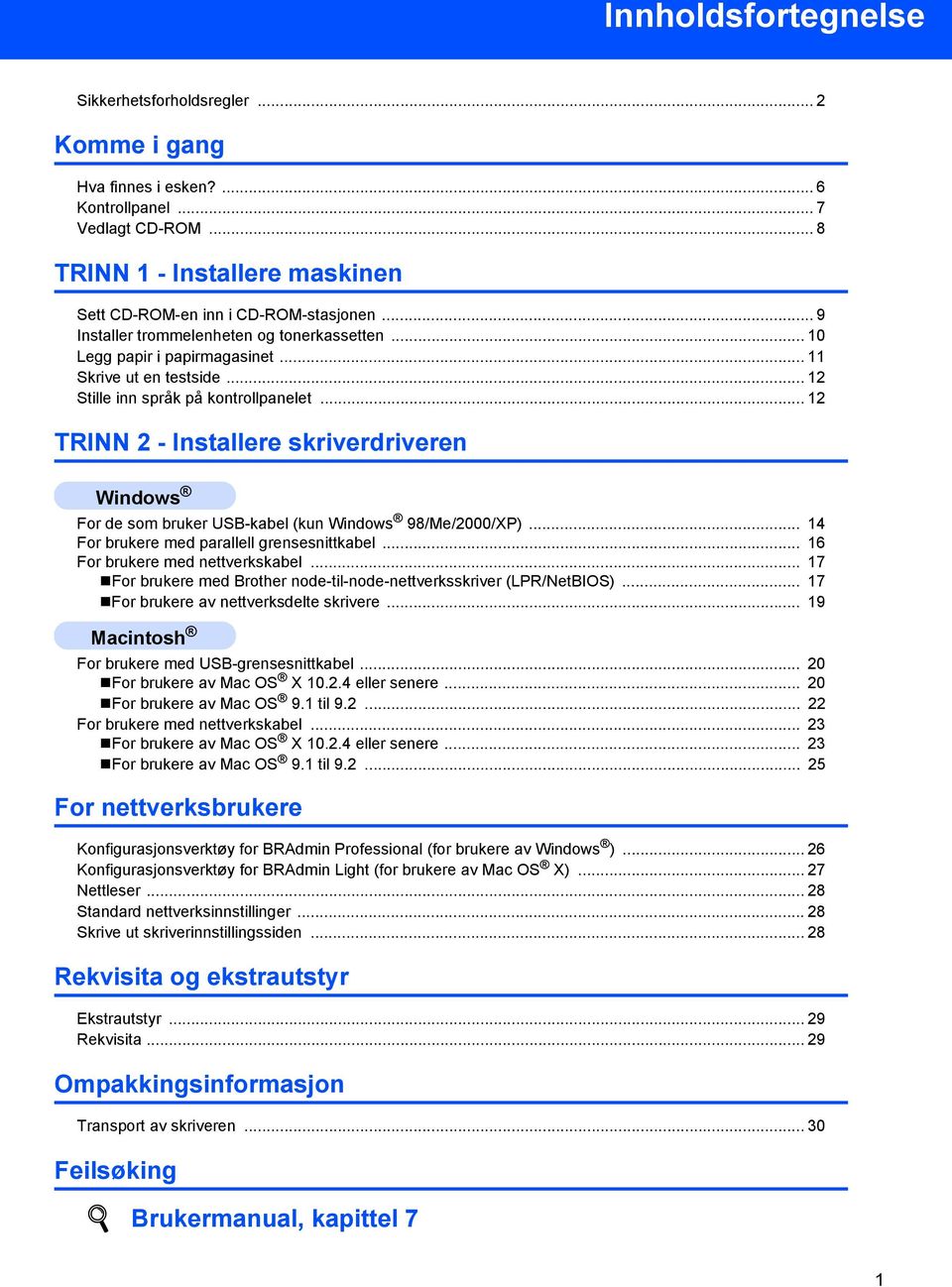 .. 12 TRINN 2 - Installere skriverdriveren Windows For de som bruker USB-kabel (kun Windows 98/Me/2000/XP)... 14 For brukere med parallell grensesnittkabel... 16 For brukere med nettverkskabel.