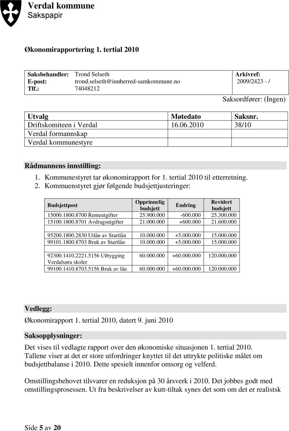 Kommunestyret tar økonomirapport for 1. tertial 2010 til etterretning. 2. Kommuenstyret gjør følgende budsjettjusteringer: Budsjettpost Opprinnelig Revidert Endring budsjett budsjett 15000.1800.