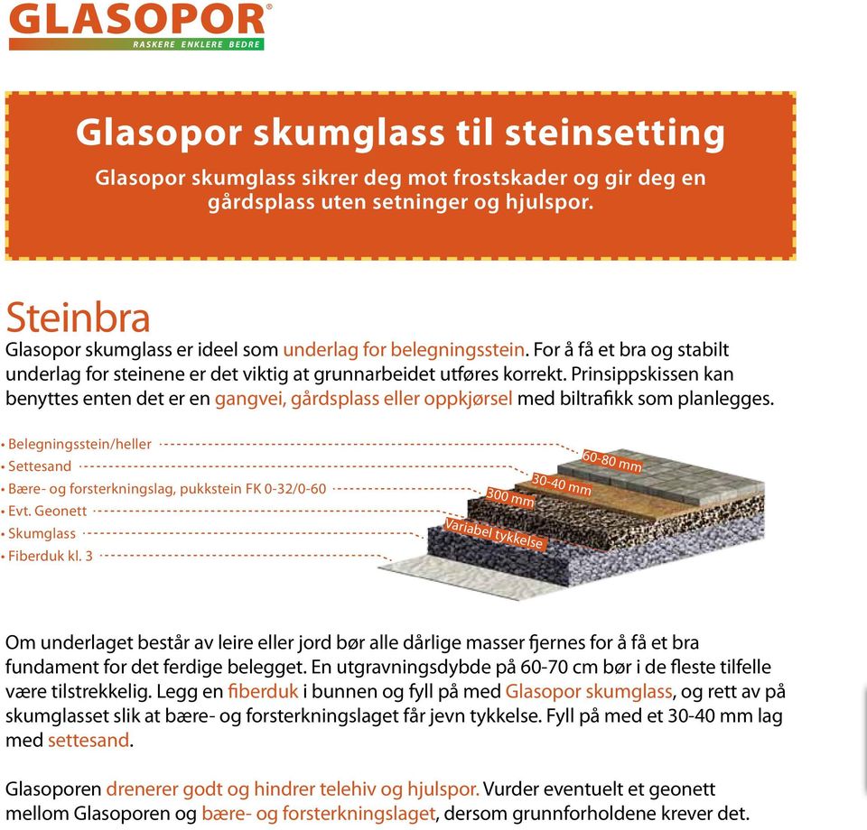 Prinsippskissen kan benyttes enten det er en gangvei, gårdsplass eller oppkjørsel med biltrafikk som planlegges. Belegningsstein/heller Settesand Bære- og forsterkningslag, pukkstein FK 0-32/0-60 Evt.