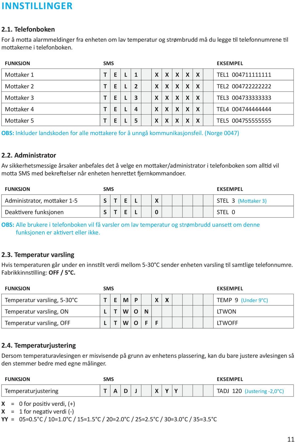 004744444444 Mottaker 5 T E L 5 X X X X X TEL5 004755555555 OBS: Inkluder landskoden for alle mottakere for å unngå kommunikasjonsfeil. (Norge 0047) 2.