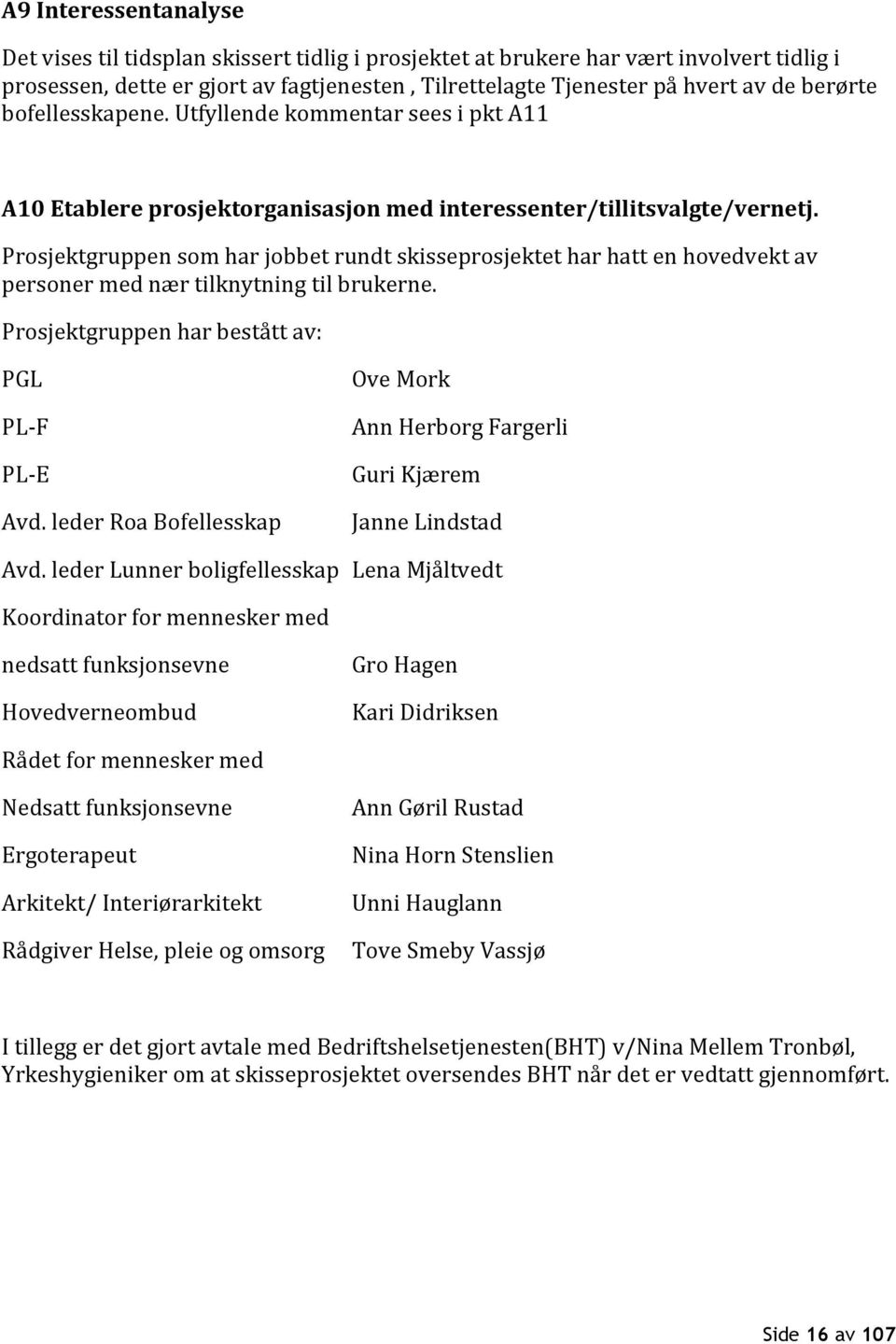 Prosjektgruppen som har jobbet rundt skisseprosjektet har hatt en hovedvekt av personer med nær tilknytning til brukerne. Prosjektgruppen har bestått av: PGL PL-F PL-E Avd.