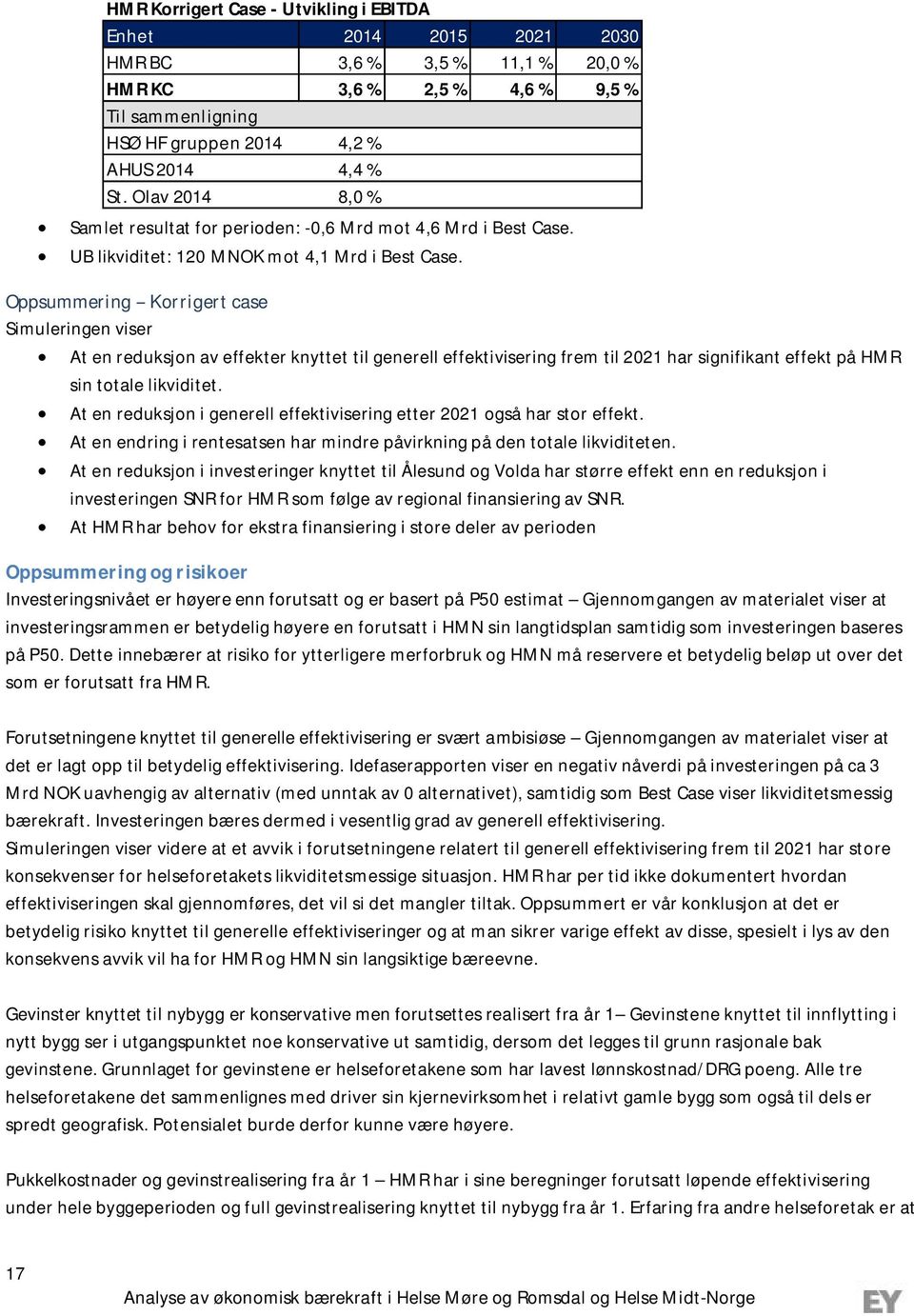 Oppsummering Korrigert case Simuleringen viser At en reduksjon av effekter knyttet til generell effektivisering frem til 2021 har signifikant effekt på HMR sin totale likviditet.