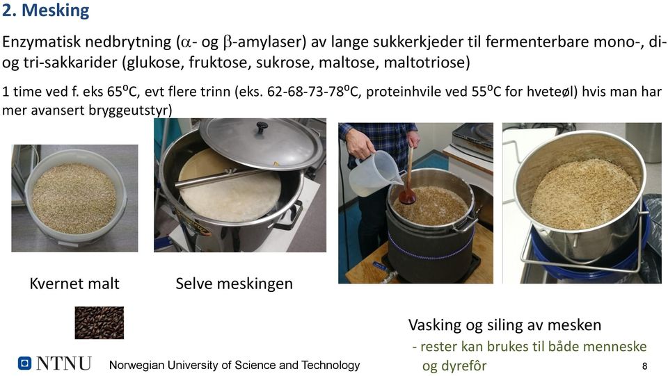 62-68-73-78⁰C, proteinhvile ved 55⁰C for hveteøl) hvis man har mer avansert bryggeutstyr) Kvernet malt Selve