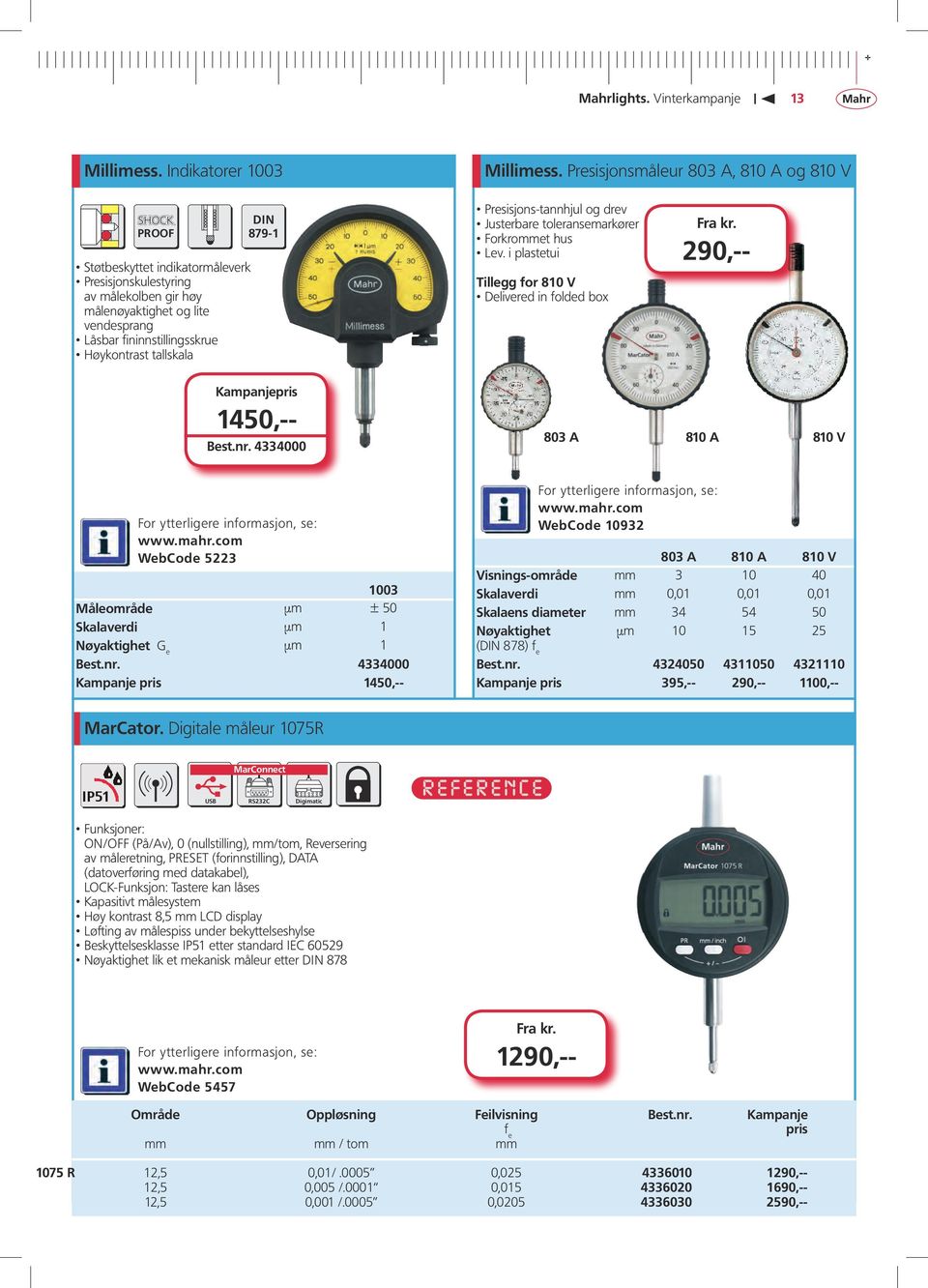 Høykontrast tallskala DIN 879-1 Presisjons-tannhjul og drev Justerbare toleransemarkører Forkrommet hus Lev. i plastetui Tillegg for 810 V Delivered in folded box 290,-- 1450,-- Best.nr.