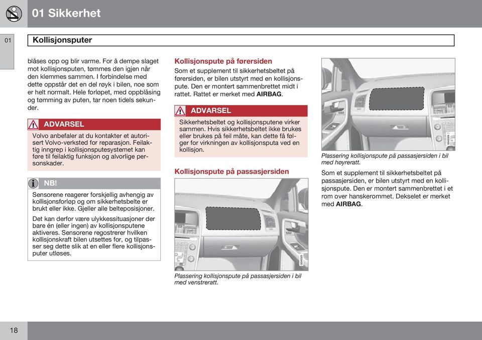 ADVARSEL Volvo anbefaler at du kontakter et autorisert Volvo-verksted for reparasjon. Feilaktig inngrep i kollisjonsputesystemet kan føre til feilaktig funksjon og alvorlige personskader.