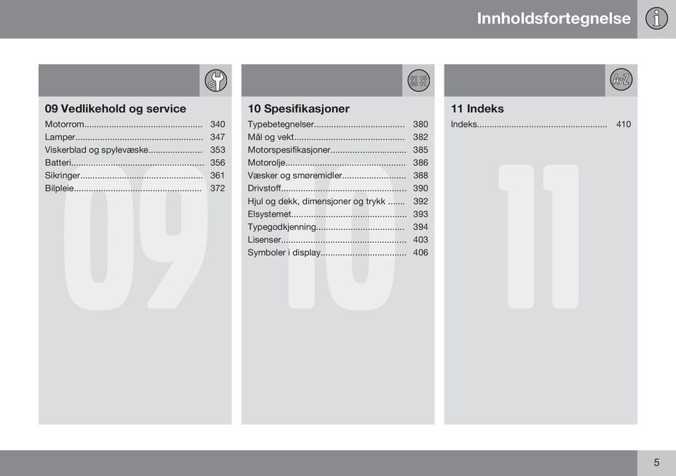 .. 382 11 Motorspesifikasjoner... 385 Motorolje... 386 Væsker og smøremidler... 388 Drivstoff.