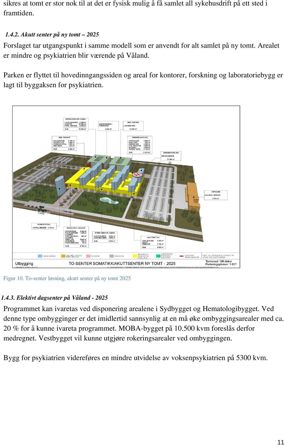 Parken er flyttet til hovedinngangssiden og areal for kontorer, forskning og laboratoriebygg er lagt til byggaksen for psykiatrien. Figur 10. To-senter løsning, akutt senter på ny tomt 2025 1.4.3.