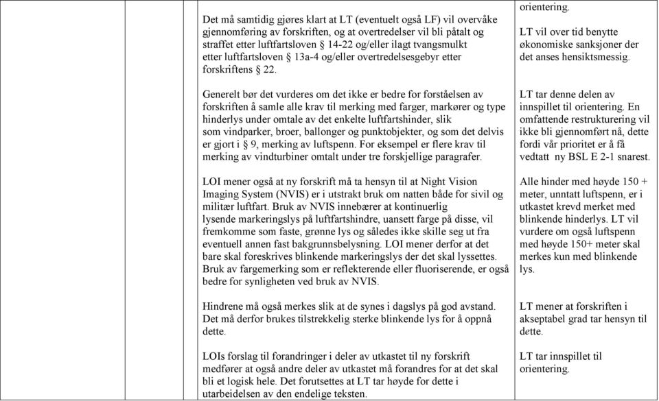 bør det vurderes om det ikke er bedre for forståelsen av forskriften å samle alle krav til merking med farger, markører og type hinderlys under omtale av det enkelte luftfartshinder, slik som