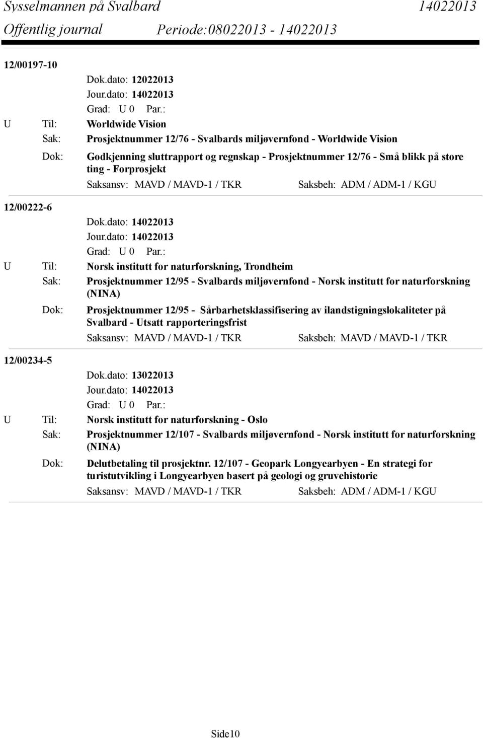 dato: 14022013 U Til: Norsk institutt for naturforskning, Trondheim Sak: Prosjektnummer 12/95 - Svalbards miljøvernfond - Norsk institutt for naturforskning (NINA) Dok: Prosjektnummer 12/95 -