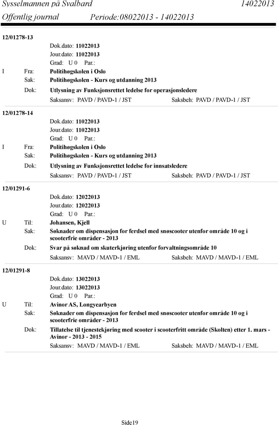 PAVD / PAVD-1 / JST 12/01291-6 U Til: Johansen, Kjell Sak: Søknader om dispensasjon for ferdsel med snøscooter utenfor område 10 og i scooterfrie områder - 2013 Dok: Svar på søknad om skuterkjøring