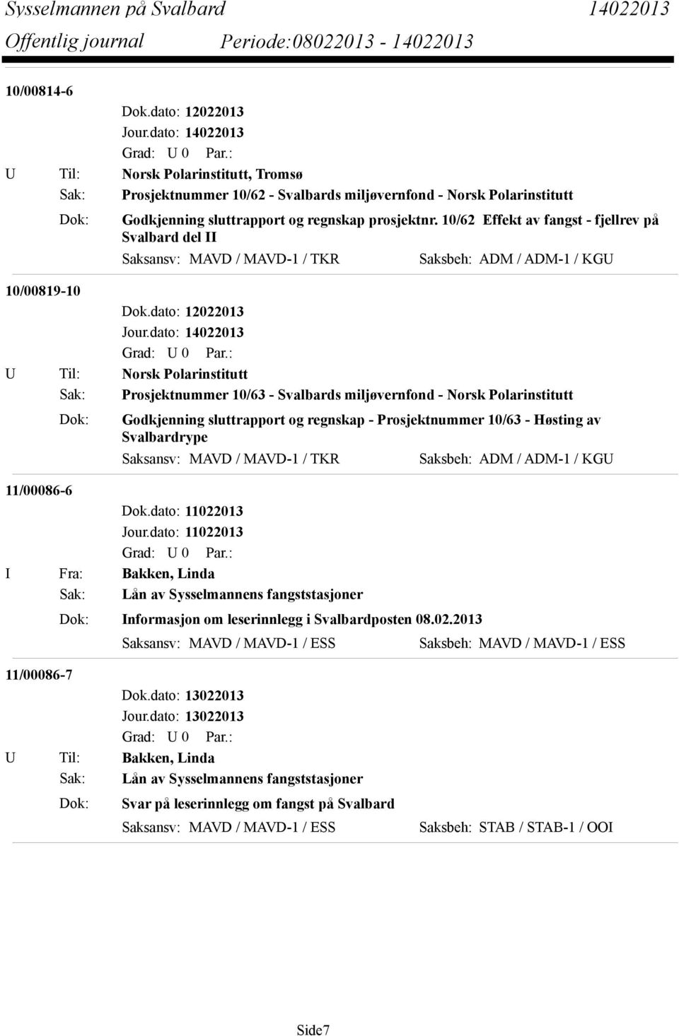 miljøvernfond - Norsk Polarinstitutt Dok: Godkjenning sluttrapport og regnskap - Prosjektnummer 10/63 - Høsting av Svalbardrype Saksansv: MAVD / MAVD-1 / TKR Saksbeh: ADM / ADM-1 / KGU 11/00086-6 I