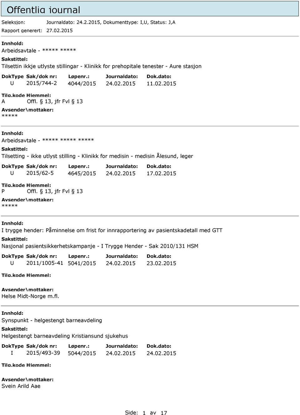 2015 Arbeidsavtale - Tilsetting - ikke utlyst stilling - Klinikk for medisin - medisin Ålesund, leger P 2015/62-5 4645/2015 Offl. 13, jfr Fvl 13 17.02.