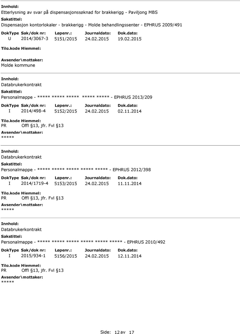 2015 Molde kommune Databrukerkontrakt Personalmappe - - EPHRS 2013/209 PR 2014/498-4 5152/2015 Offl 13, jfr. Fvl 13 02.11.