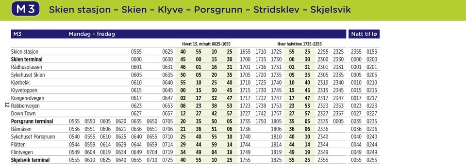 Rådhusplassen 0601 0631 46 01 16 31 1701 1716 1731 01 31 2301 2331 0001 0201 Sykehuset Skien 0605 0635 50 05 20 35 1705 1720 1735 05 35 2305 2335 0005 0205 Kjørbekk 0610 0640 55 10 25 40 1710 1725