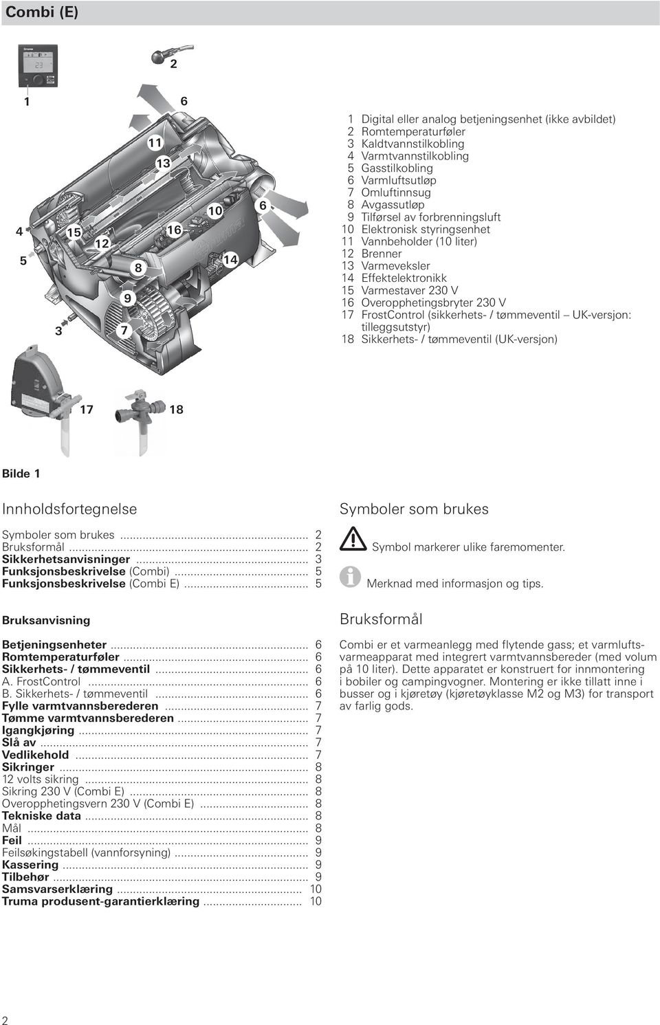 V 16 Overopphetingsbryter 230 V 17 FrostControl (sikkerhets- / tømmeventil UK-versjon: tilleggsutstyr) 18 Sikkerhets- / tømmeventil (UK-versjon) 17 18 Bilde 1 Innholdsfortegnelse Symboler som brukes.