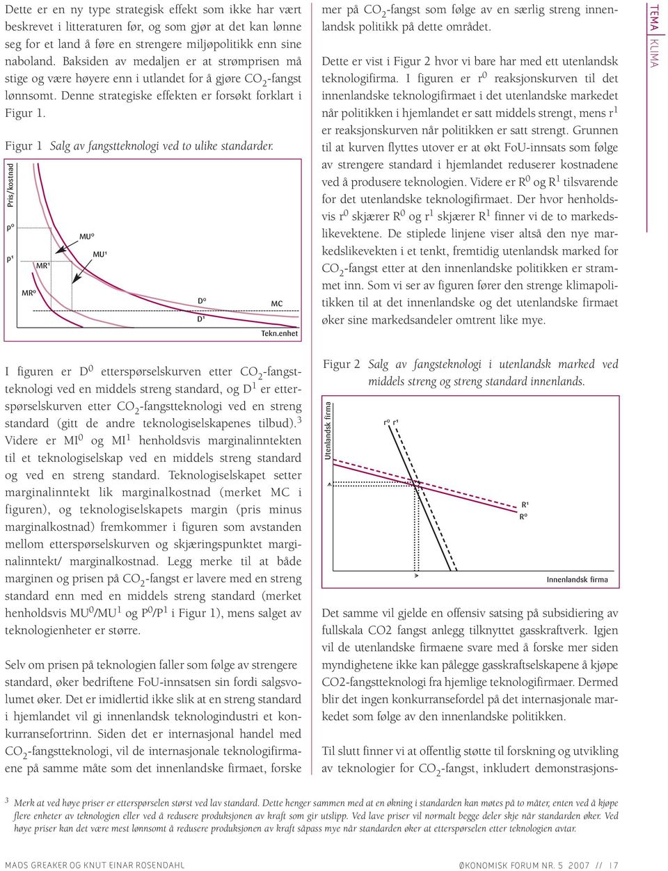 Figur 1 Salg av fangstteknologi ved to ulike standarder. Pris/kostnad p 0 MU 0 p 1 MU 1 MR 1 MR 0 D 0 D 1 MC Tekn.