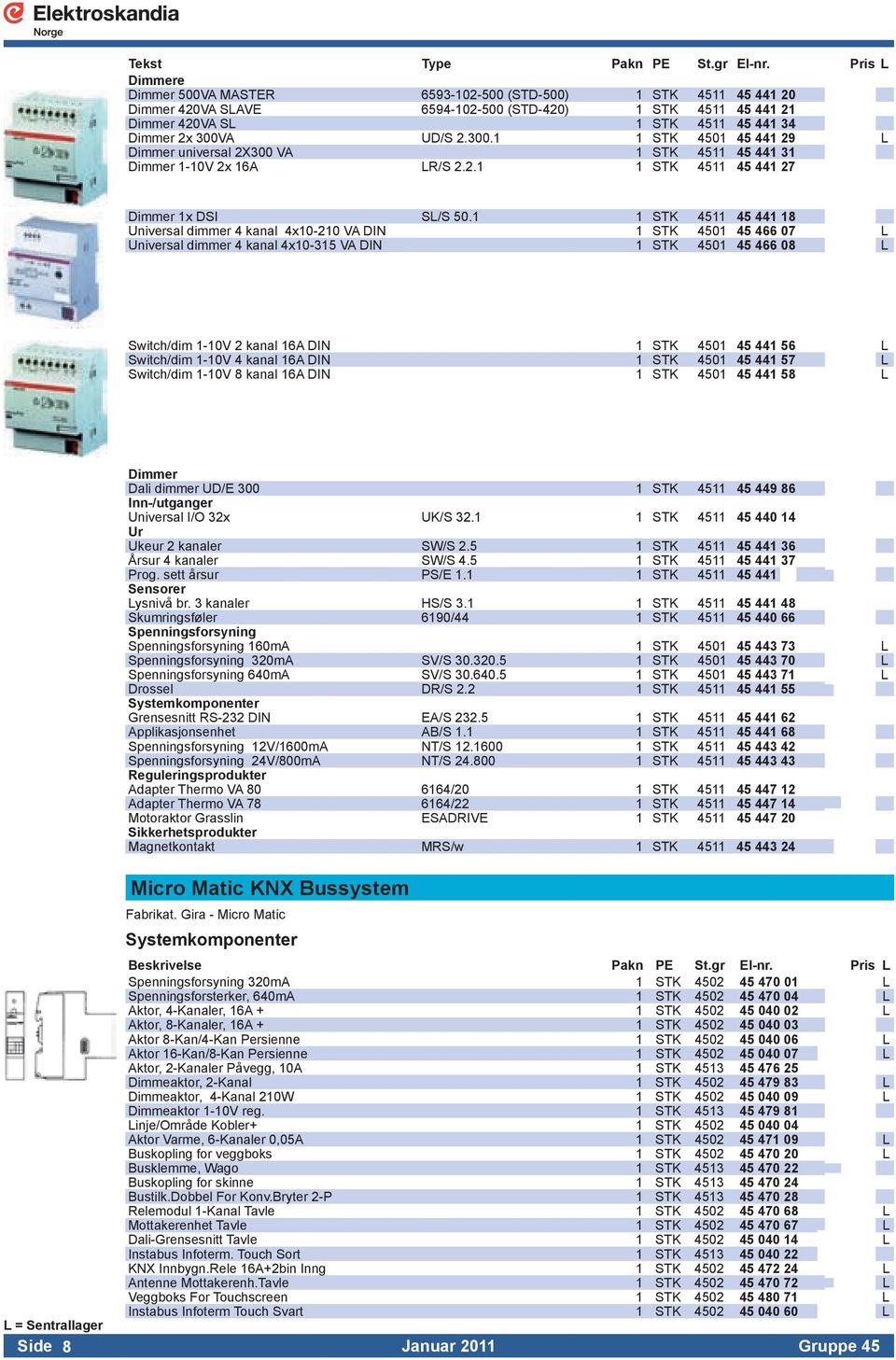 2.300.1 1 STK 4501 45 441 29 L Dimmer universal 2X300 VA 1 STK 4511 45 441 31 Dimmer 1-10V 2x 16A LR/S 2.2.1 1 STK 4511 45 441 27 Dimmer 1x DSI SL/S 50.