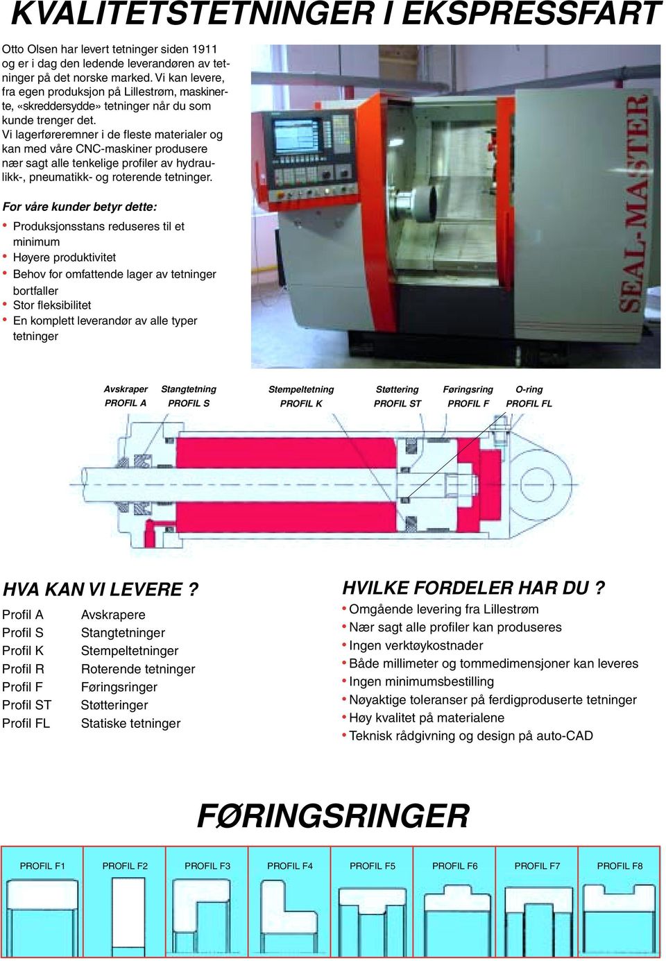 Vi lagerføreremner i de fleste materialer og kan med våre CNC-maskiner produsere nær sagt alle tenkelige profiler av hydraulikk-, pneumatikk- og roterende tetninger.