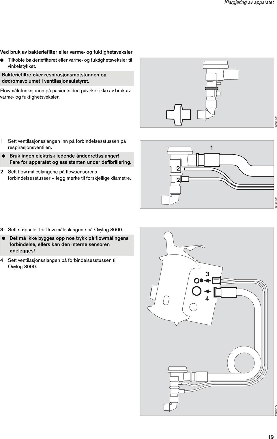 02037170 1 Sett ventilasjonsslangen inn på forbindelsesstussen på respirasjonsventilen. Bruk ingen elektrisk ledende åndedrettsslanger! Fare for apparatet og assistenten under defibrillering.