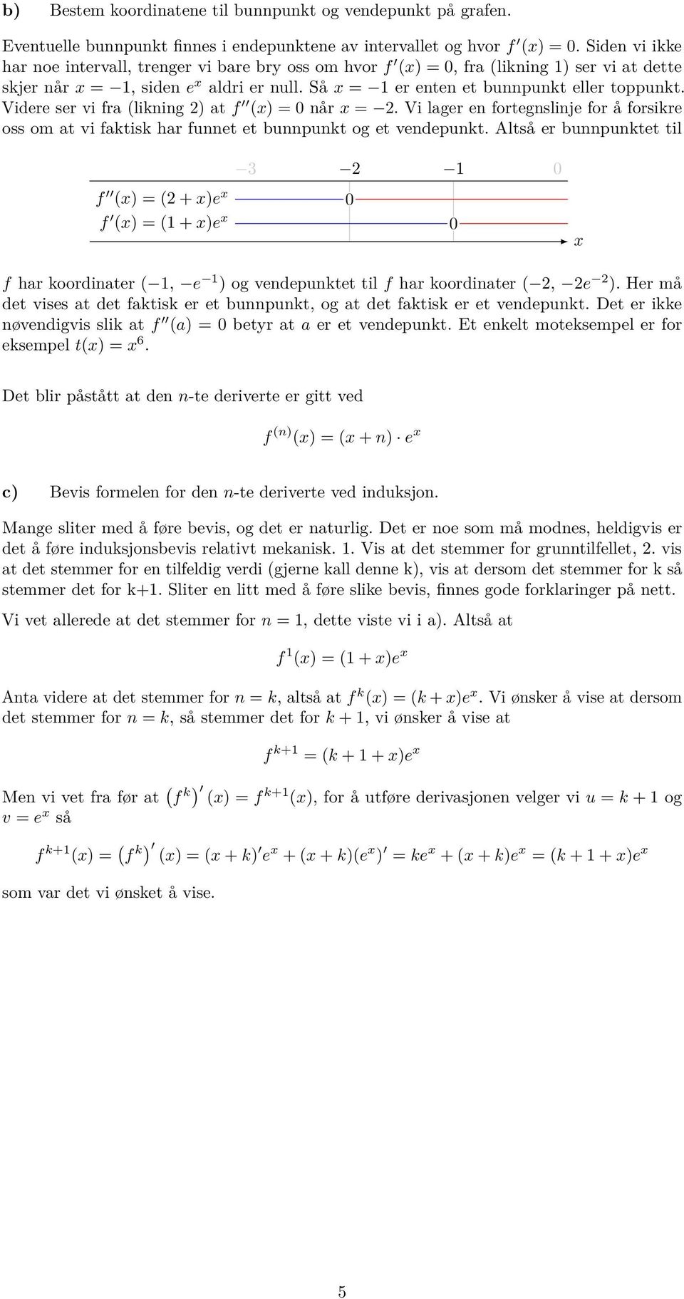 Videre ser vi fra (likig 2 at f (x = 0 år x = 2. Vi lager e fortegslije for å forsikre oss om at vi faktisk har fuet et bupukt og et vedepukt.