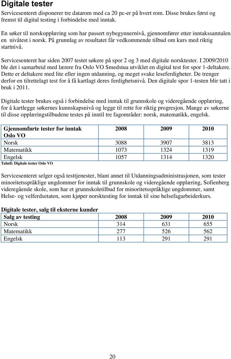 Servicesenteret har siden 2007 testet søkere på spor 2 og 3 med digitale norsktester. I 2009/2010 ble det i samarbeid med lærere fra Oslo VO Smedstua utviklet en digital test for spor 1-deltakere.