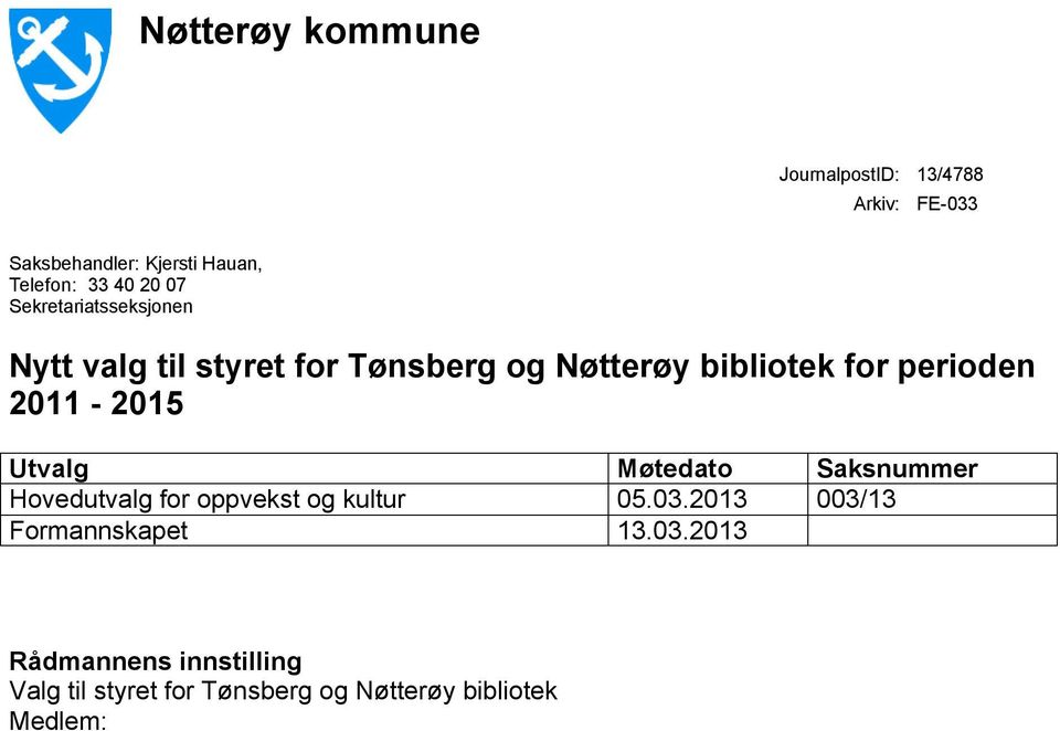 perioden 2011-2015 Utvalg Hovedutvalg for oppvekst og kultur Formannskapet Rådmannens innstilling