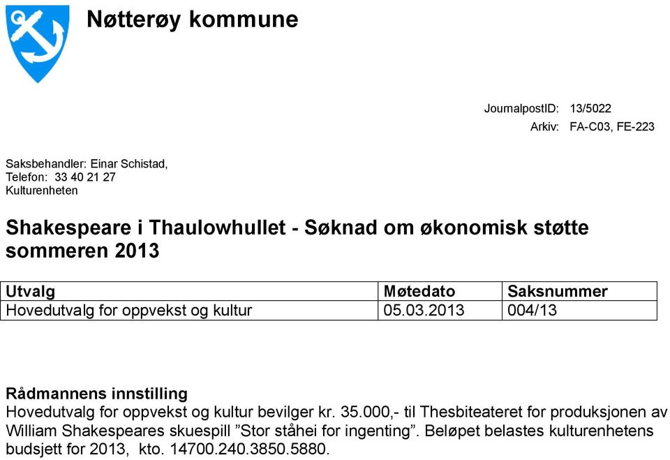 2013 Saksnummer 004/13 Rådmannens innstilling Hovedutvalg for oppvekst og kultur bevilger kr. 35.