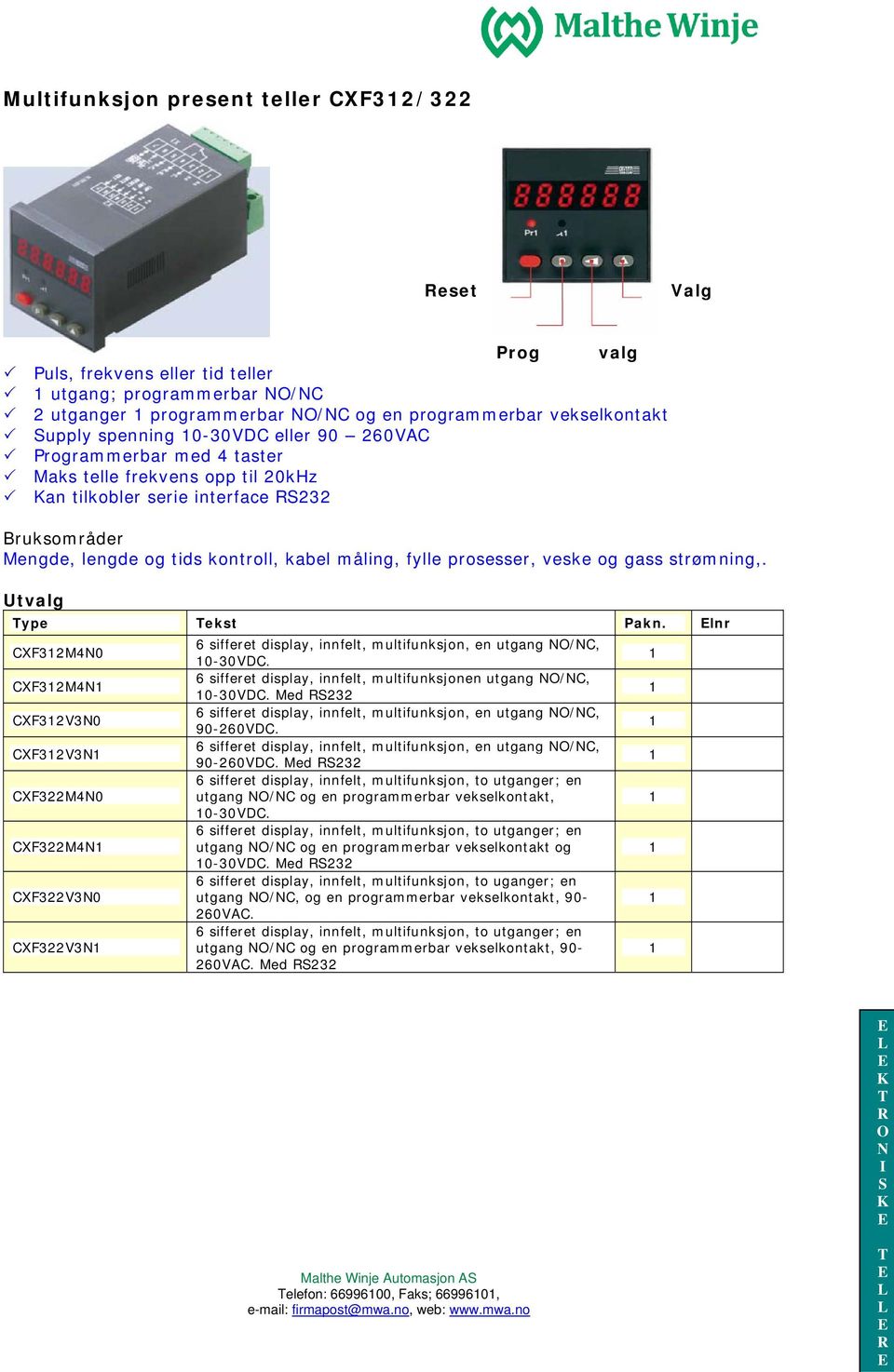 strømning,. ype ekst Pakn. lnr CXF32M40 6 sifferet display, innfelt, multifunksjon, en utgang /C, 0-30VDC. CXF32M4 6 sifferet display, innfelt, multifunksjonen utgang /C, 0-30VDC.