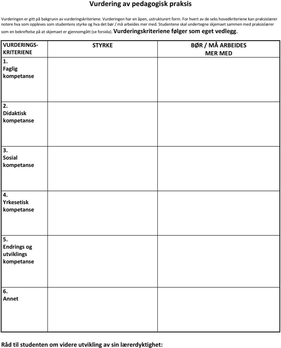 Studentene skal undertegne skjemaet sammen med praksislærer som en bekreftelse på at skjemaet er gjennomgått (se forsida).