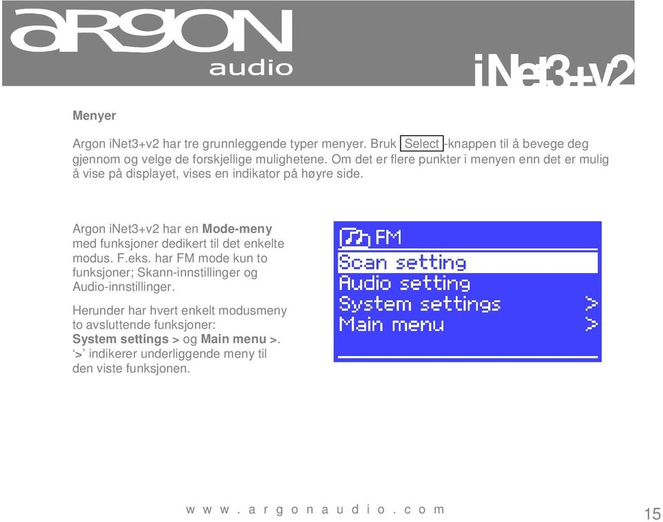 Argon inet3+v2 har en Mode-meny med funksjoner dedikert til det enkelte modus. F.eks.