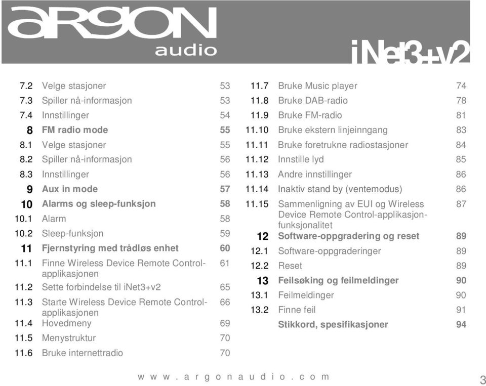 1 Finne Wireless Device Remote Controlapplikasjonen 61 11.2 Sette forbindelse til inet3+v2 65 11.3 Starte Wireless Device Remote Controlapplikasjonen 66 11.4 Hovedmeny 69 11.5 Menystruktur 70 11.