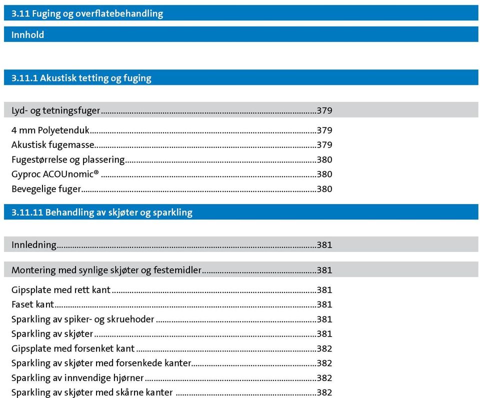 ..381 Montering med synlige skjøter og festemidler...381 Gipsplate med rett kant...381 Faset kant...381 Sparkling av spiker- og skruehoder.