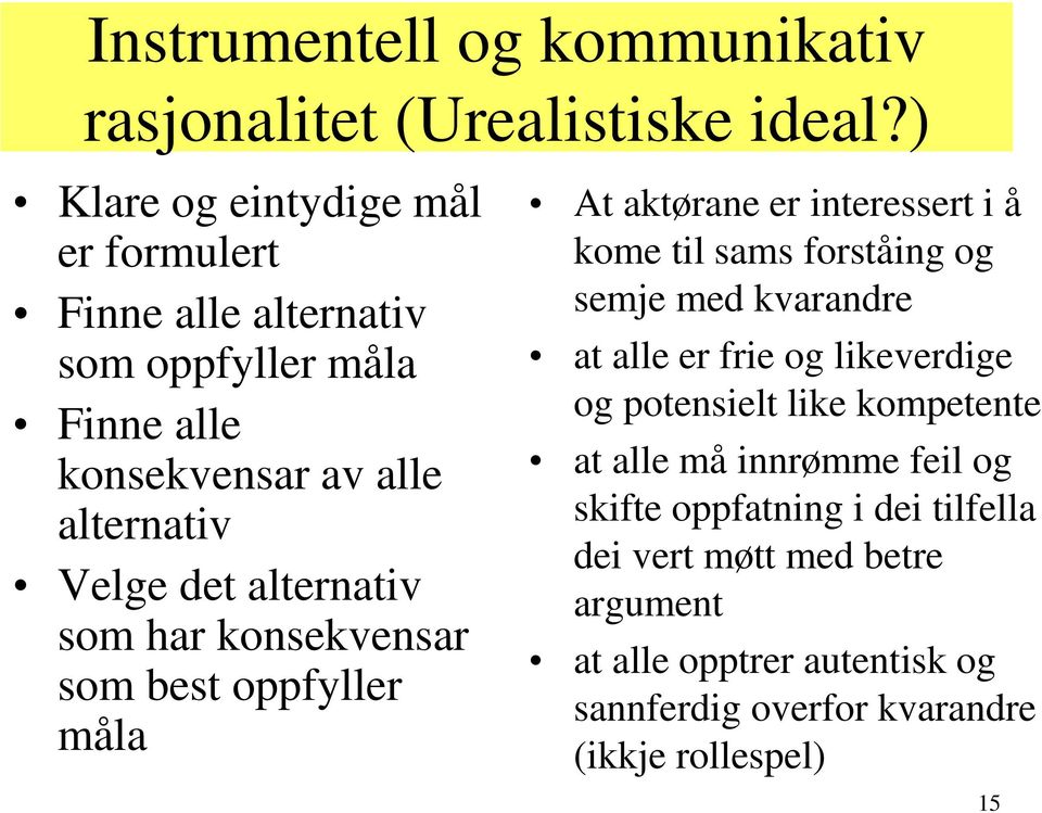 alternativ som har konsekvensar som best oppfyller måla At aktørane er interessert i å kome til sams forståing og semje med kvarandre at