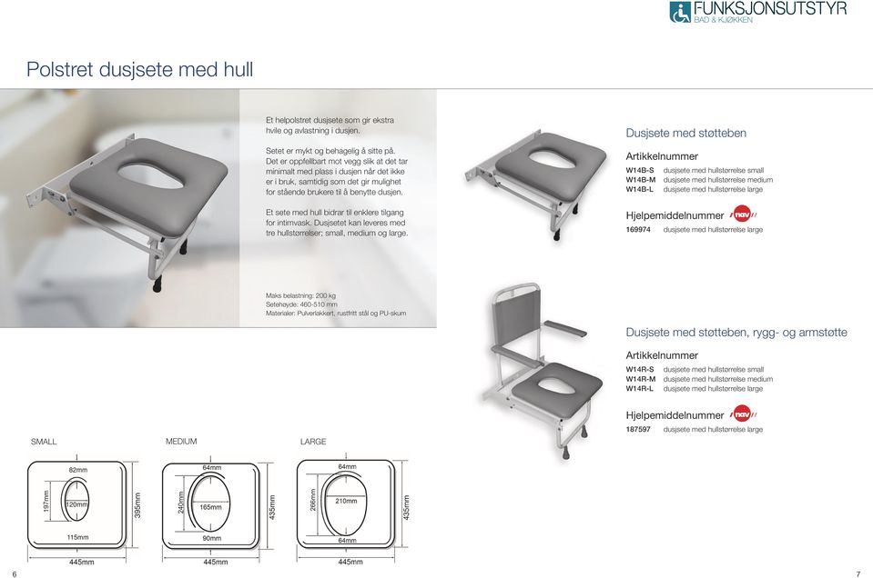 Et sete med hull bidrar til enklere tilgang for intimvask. Dusjsetet kan leveres med tre hullstørrelser; small, medium og large.