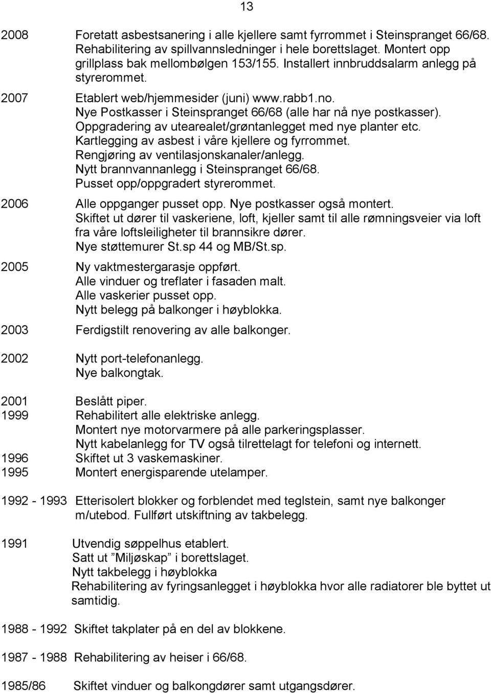 Oppgradering av utearealet/grøntanlegget med nye planter etc. Kartlegging av asbest i våre kjellere og fyrrommet. Rengjøring av ventilasjonskanaler/anlegg. Nytt brannvannanlegg i Steinspranget 66/68.