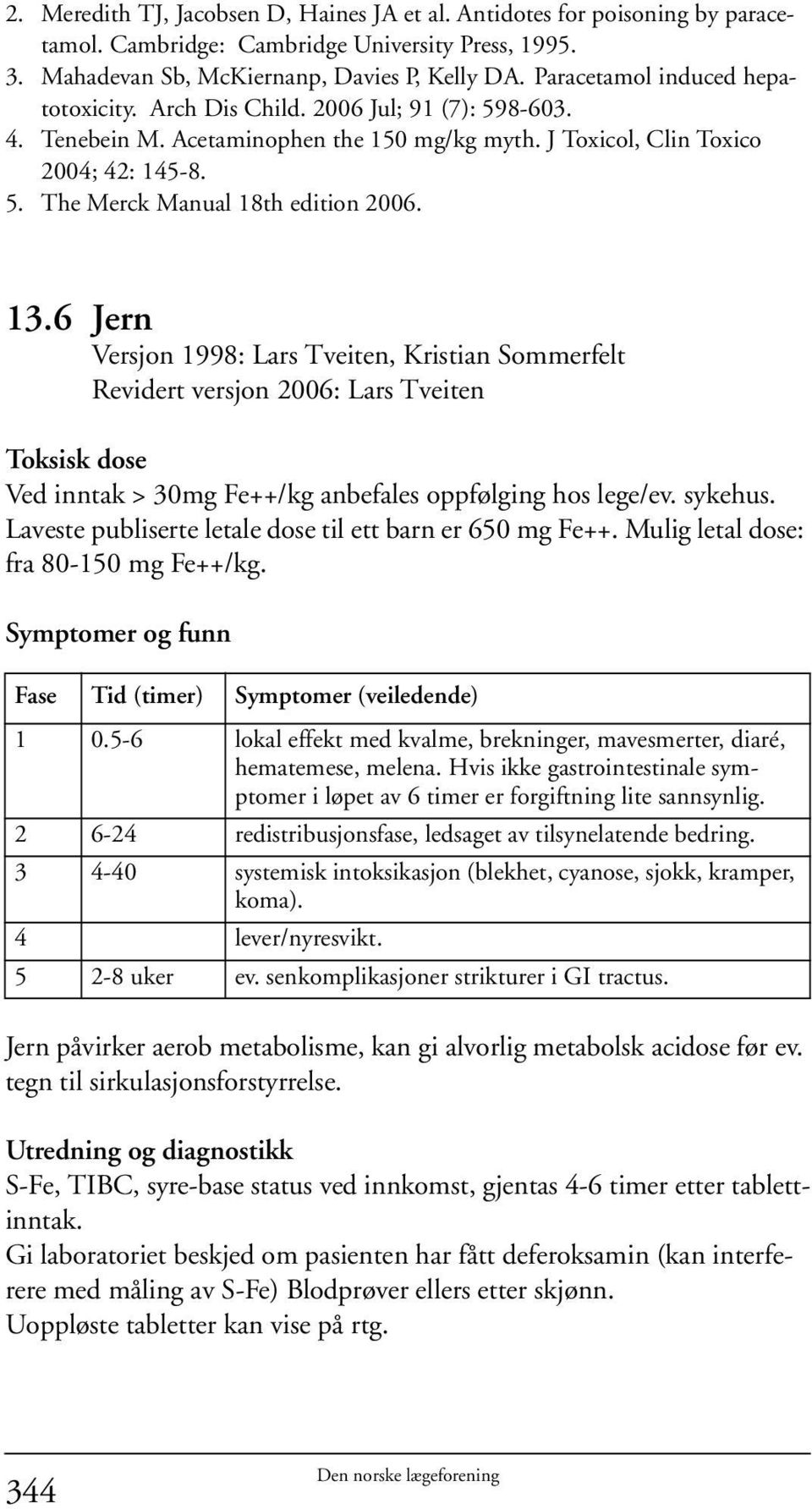 13.6 Jern Versjon 1998: Lars Tveiten, Kristian Sommerfelt Revidert versjon 2006: Lars Tveiten Toksisk dose Ved inntak > 30mg Fe++/kg anbefales oppfølging hos lege/ev. sykehus.