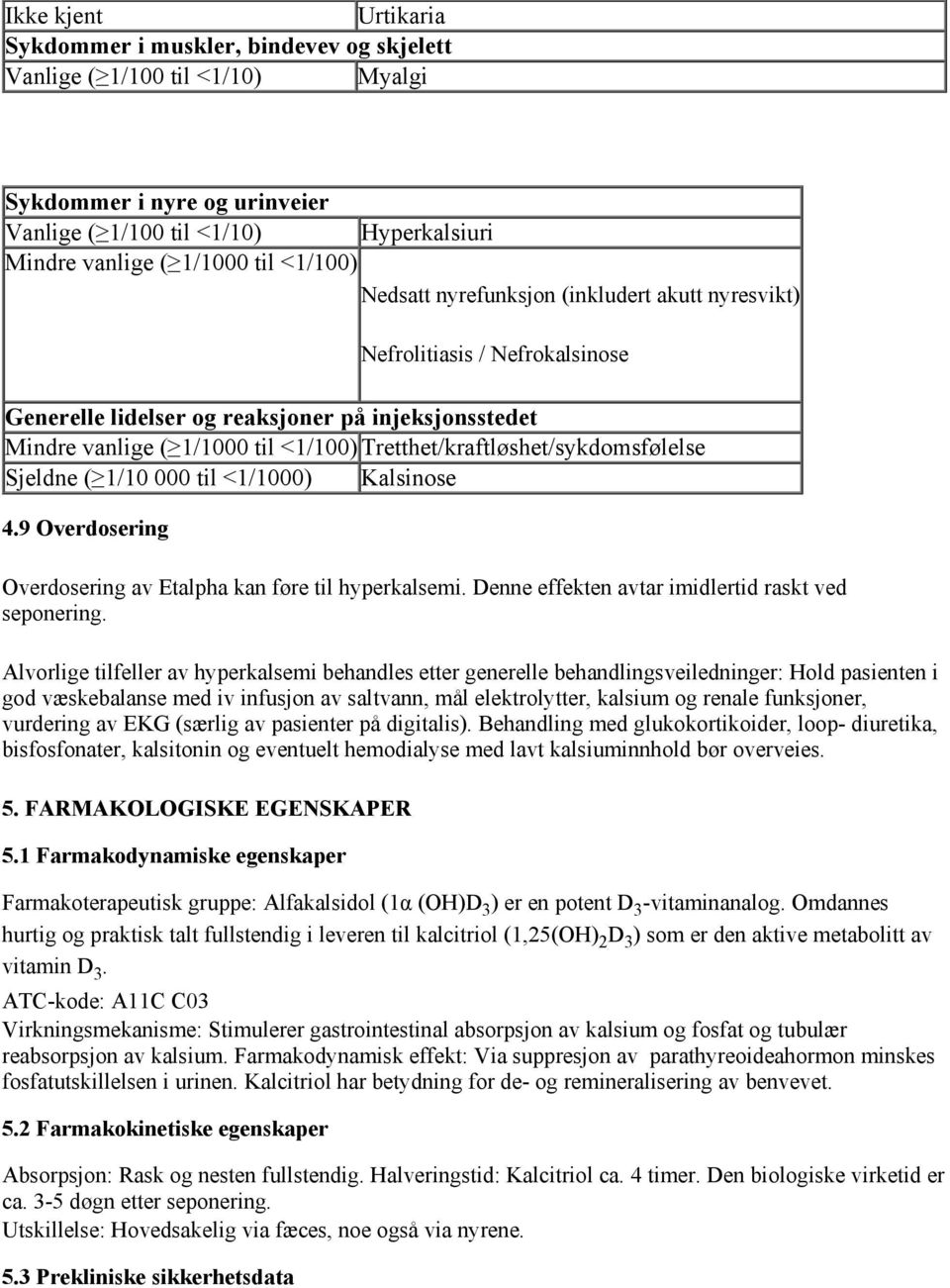 Tretthet/kraftløshet/sykdomsfølelse Sjeldne ( 1/10 000 til <1/1000) Kalsinose 4.9 Overdosering Overdosering av Etalpha kan føre til hyperkalsemi. Denne effekten avtar imidlertid raskt ved seponering.