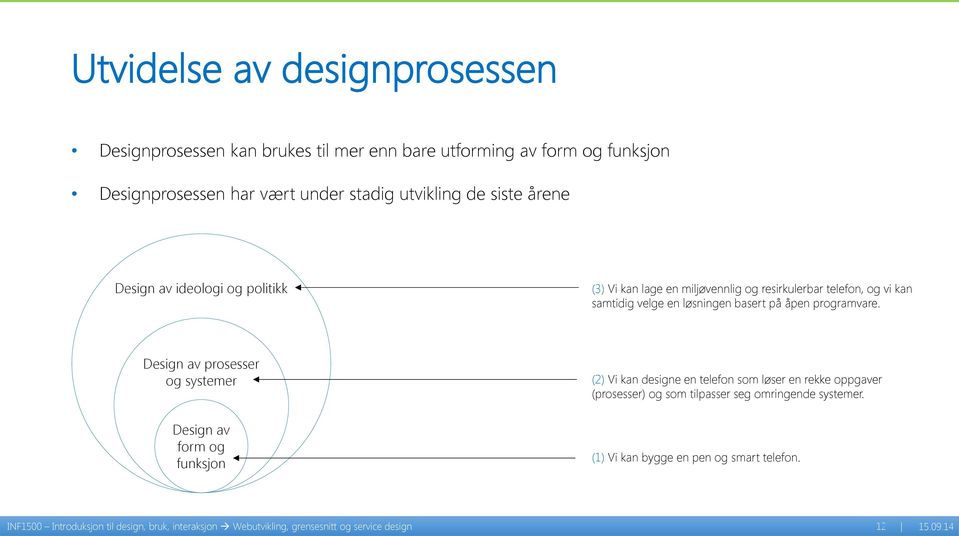 Design av prosesser og systemer Design av form og funksjon (2) Vi kan designe en telefon som løser en rekke oppgaver (prosesser) og som tilpasser seg