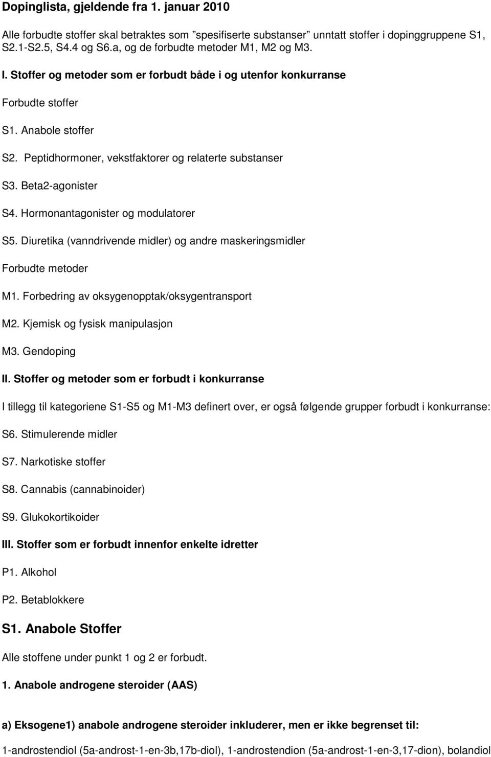 Peptidhormoner, vekstfaktorer og relaterte substanser S3. Beta2-agonister S4. Hormonantagonister og modulatorer S5. Diuretika (vanndrivende midler) og andre maskeringsmidler Forbudte metoder M1.